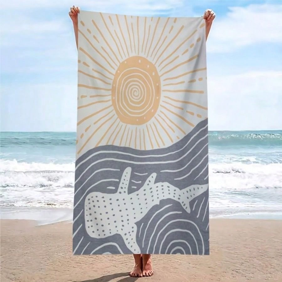 1-Pack Beach Towel - Stylized Sun And Whale Shark Graphic Beach Towel - Large Rectangular Summer Coastal Vibes With Golden Yellow Radiant Sun, Wavy Gray-Blue Sea Bands, White Spotted Whale Silhouette, Modern Illustration Art For Sandy Beach Ocean Wav